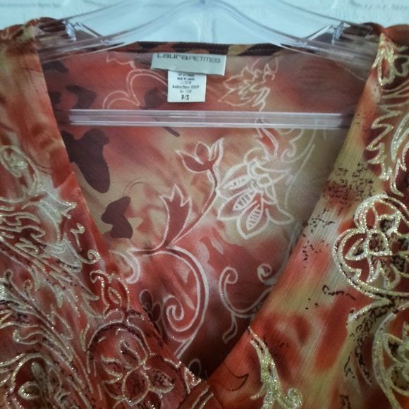 Laura Petites Rust tones Gold Glitter Semi Sheer Layered Tie Back Blouse Small P - Picture 2 of 11